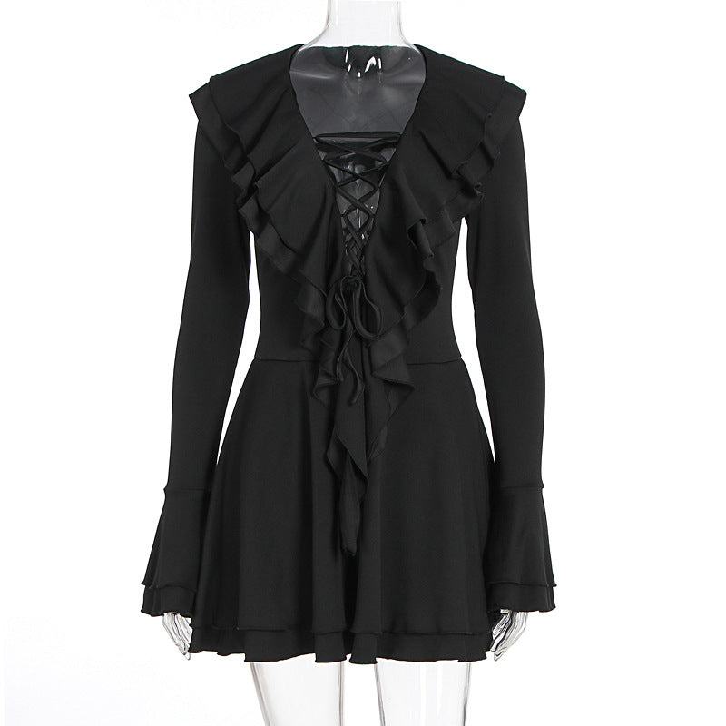 Long flared sleeve ruffle lace up solid mini dress  | Festival Outfits Women