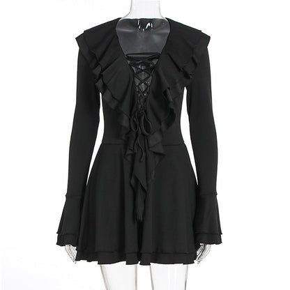 Long flared sleeve ruffle lace up solid mini dress  | Festival Outfits Women