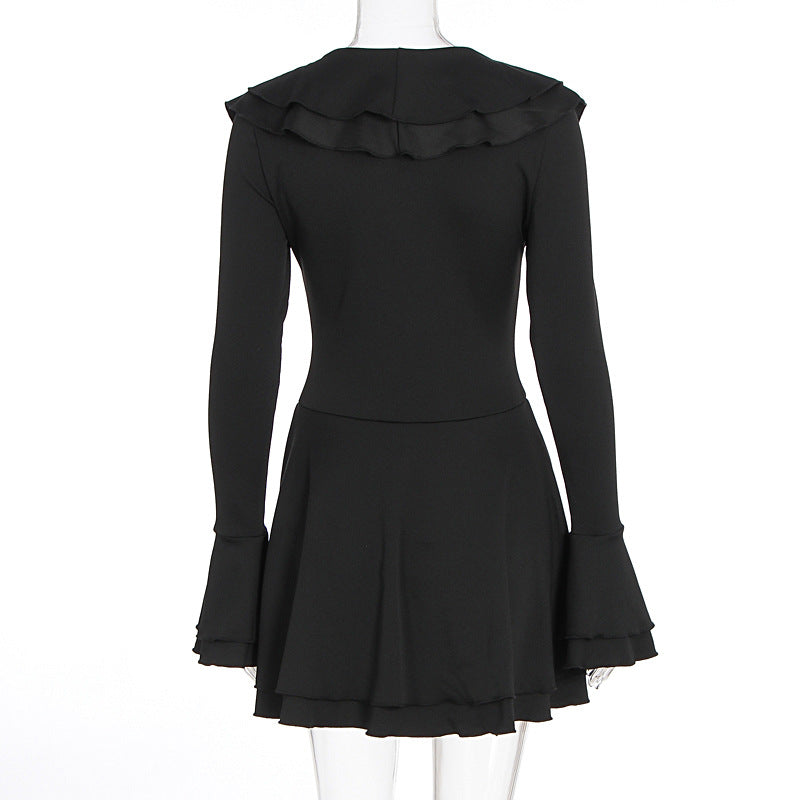 Long flared sleeve ruffle lace up solid mini dress  | Festival Outfits Women