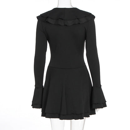 Long flared sleeve ruffle lace up solid mini dress  | Festival Outfits Women