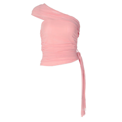 Ruched one shoulder irregular mesh solid top  | Festival Outfits Women