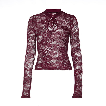 Long sleeve lace hollow out self tie see through top  | Festival Outfits Women