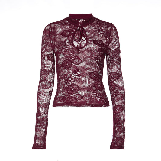 Long sleeve lace hollow out self tie see through top  | Festival Outfits Women