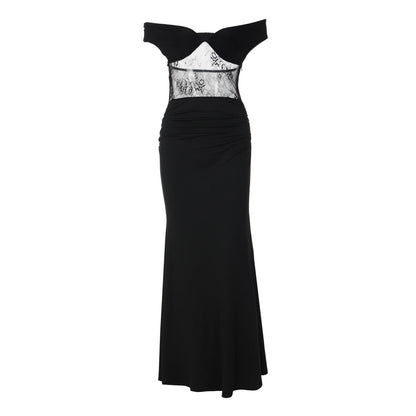 Off shoulder lace zip-up ruched solid maxi dress  | Festival Outfits Women