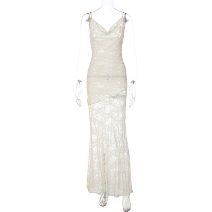 Cowl neck lace backless solid cami maxi dress  | Festival Outfits Women
