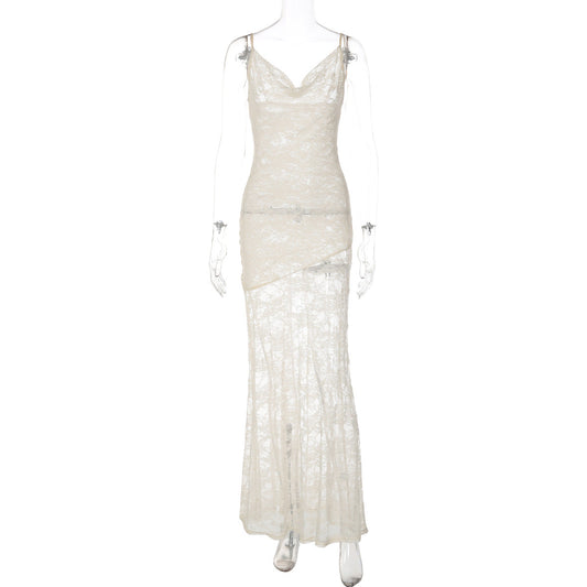 Cowl neck lace backless solid cami maxi dress  | Festival Outfits Women