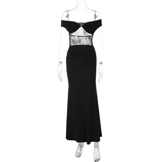 Off shoulder lace zip-up ruched solid maxi dress  | Festival Outfits Women