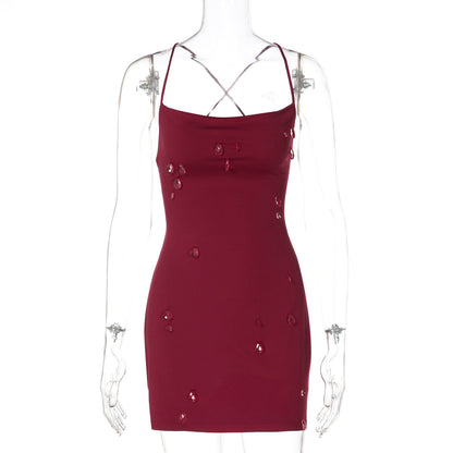 Cross back self tie water droplet applique mini dress  | Festival Outfits Women