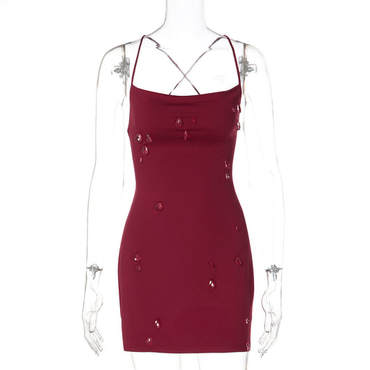 Cross back self tie water droplet applique mini dress  | Festival Outfits Women