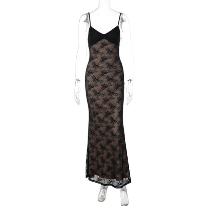 V neck lace backless cami maxi dress  | Festival Outfits Women