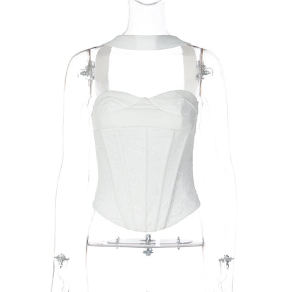 Halter lace corset zip-up backless solid top  | Festival Outfits Women