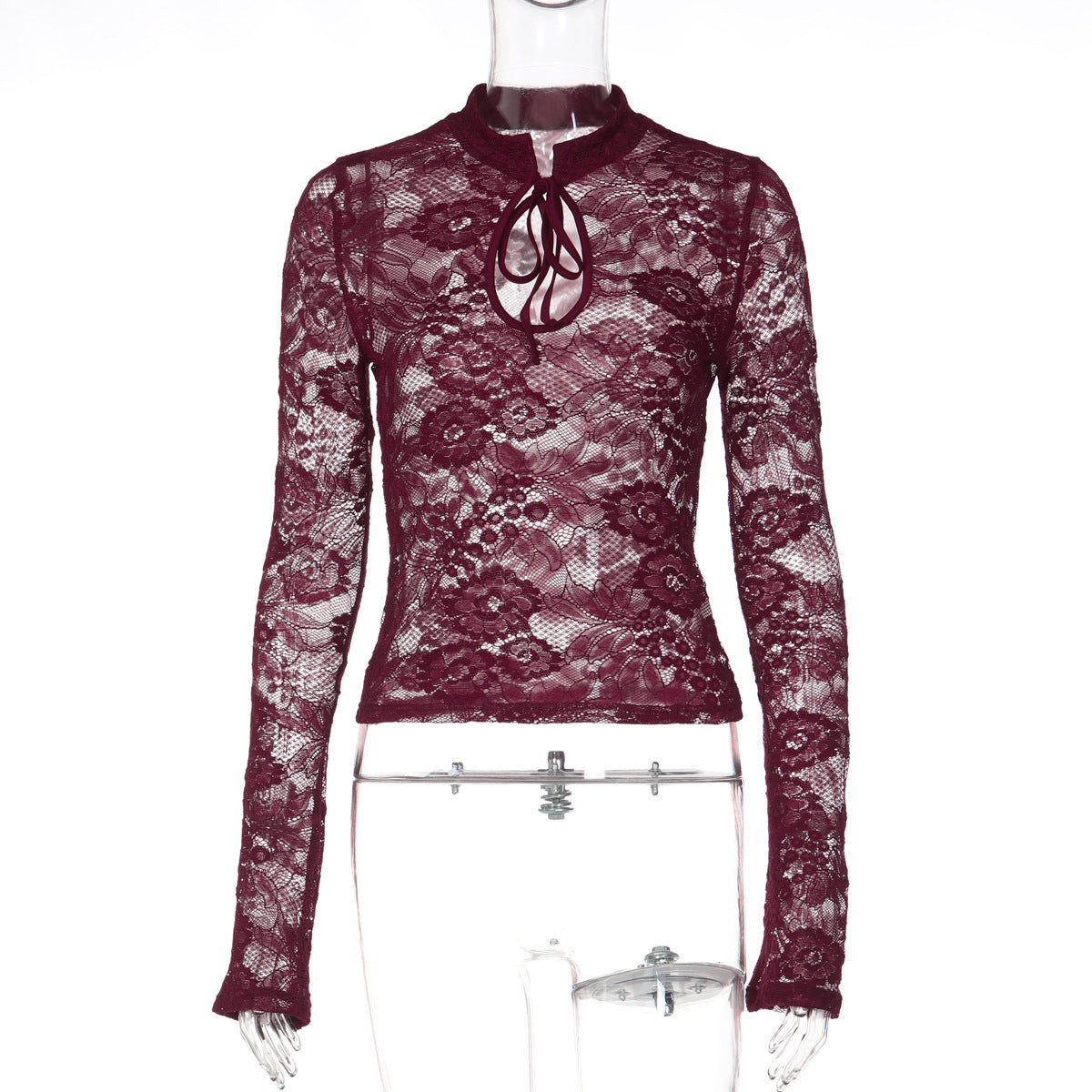 Long sleeve lace hollow out self tie see through top  | Festival Outfits Women