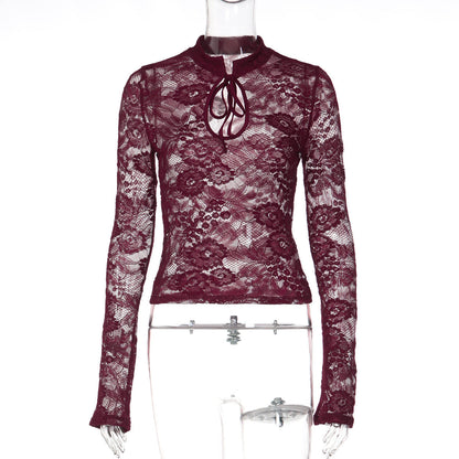 Long sleeve lace hollow out self tie see through top  | Festival Outfits Women