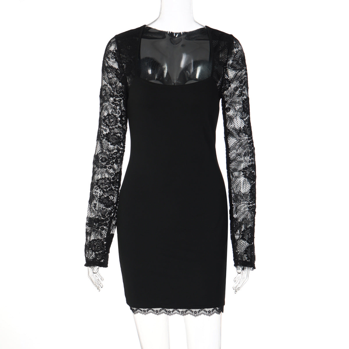 Lace long sleeve square neck solid mini dress  | Festival Outfits Women