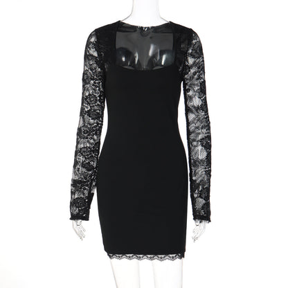 Lace long sleeve square neck solid mini dress  | Festival Outfits Women