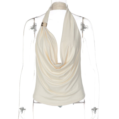 Cowl neck halter irregular solid backless top  | Festival Outfits Women