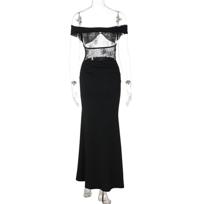 Off shoulder lace zip-up ruched solid maxi dress  | Festival Outfits Women