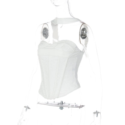 Halter lace corset zip-up backless solid top  | Festival Outfits Women