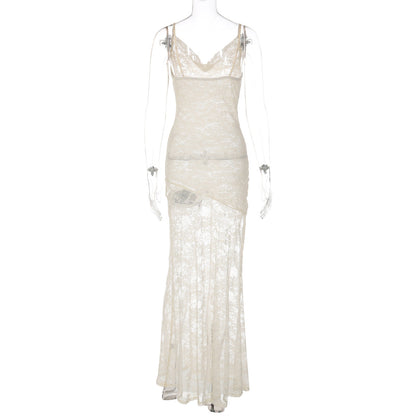 Cowl neck lace backless solid cami maxi dress  | Festival Outfits Women