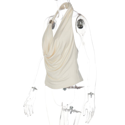 Cowl neck halter irregular solid backless top  | Festival Outfits Women