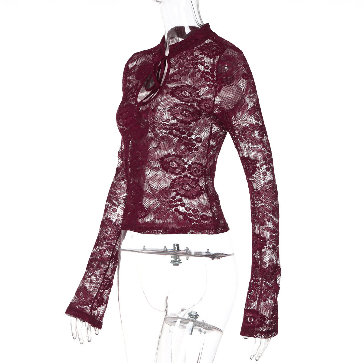 Long sleeve lace hollow out self tie see through top  | Festival Outfits Women
