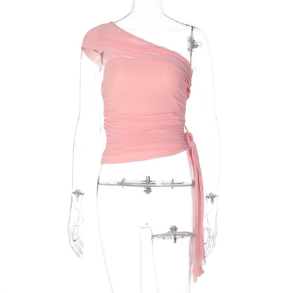 Ruched one shoulder irregular mesh solid top  | Festival Outfits Women
