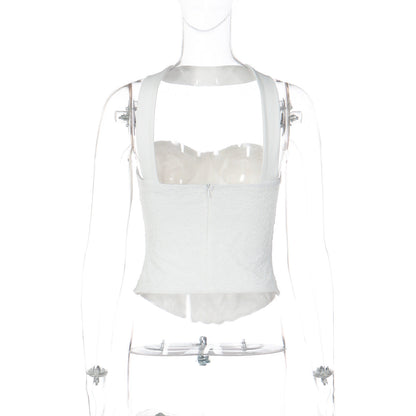 Halter lace corset zip-up backless solid top  | Festival Outfits Women