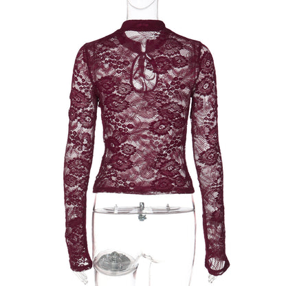 Long sleeve lace hollow out self tie see through top  | Festival Outfits Women