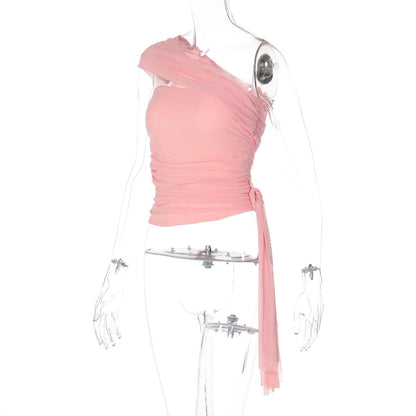 Ruched one shoulder irregular mesh solid top  | Festival Outfits Women