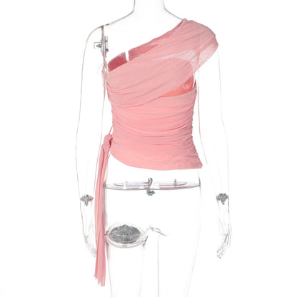 Ruched one shoulder irregular mesh solid top  | Festival Outfits Women