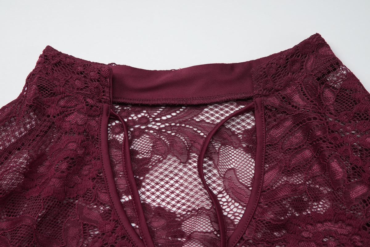 Long sleeve lace hollow out self tie see through top  | Festival Outfits Women