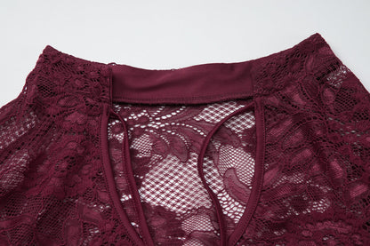 Long sleeve lace hollow out self tie see through top  | Festival Outfits Women