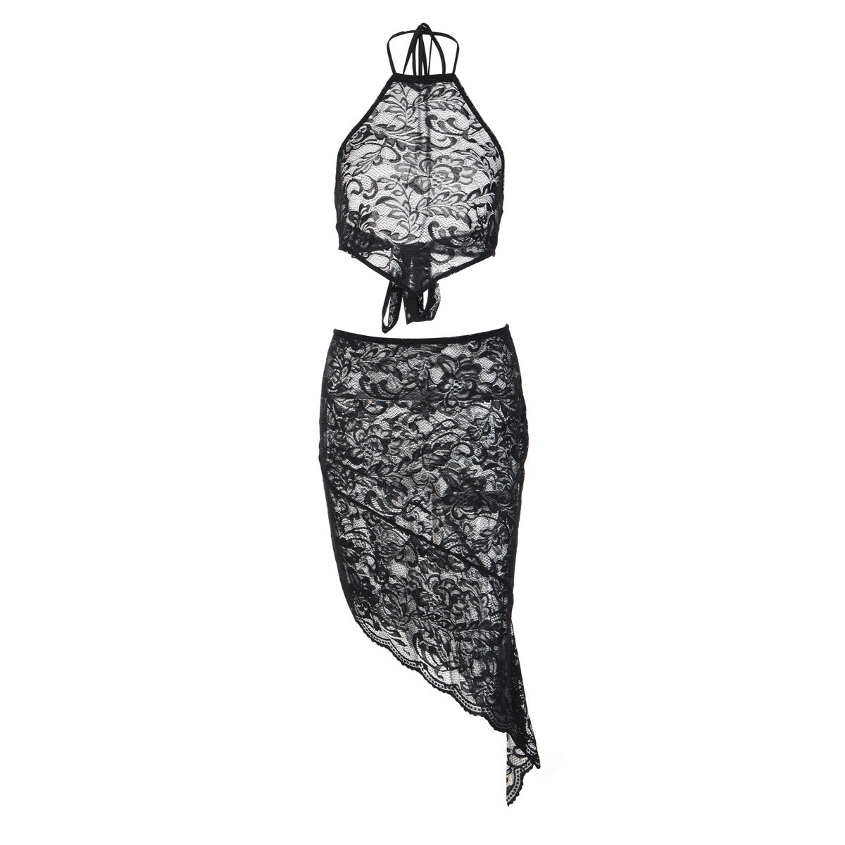 Lace see through self tie halter irregular midi skirt set  | Festival Outfits Women