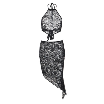 Lace see through self tie halter irregular midi skirt set  | Festival Outfits Women