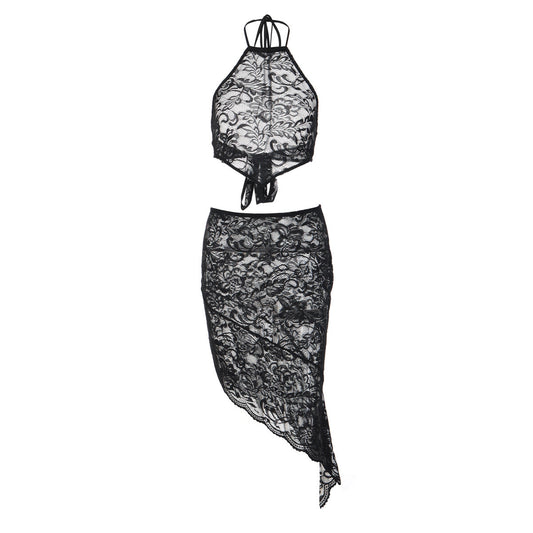 Lace see through self tie halter irregular midi skirt set  | Festival Outfits Women