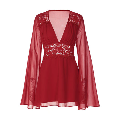 Long flared sleeve v neck chiffon zip-up mini dress  | Festival Outfits Women
