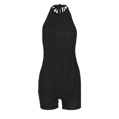 Halter self tie backless crewneck solid romper  | Festival Outfits Women