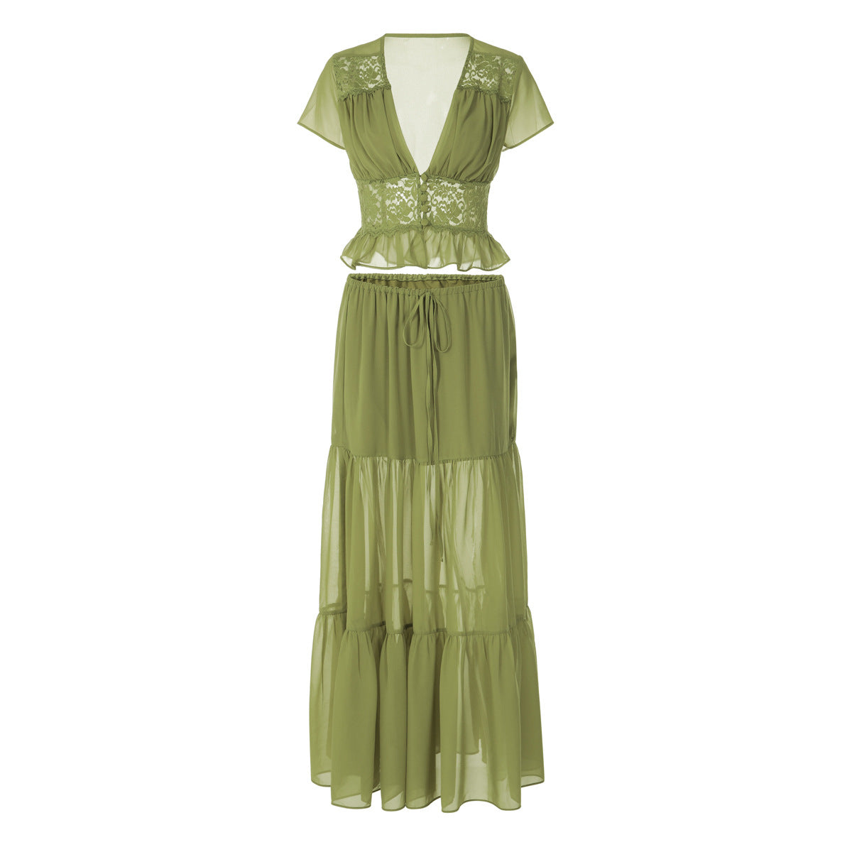 Short sleeve v neck ruched lace chiffon maxi skirt set  | Festival Outfits Women