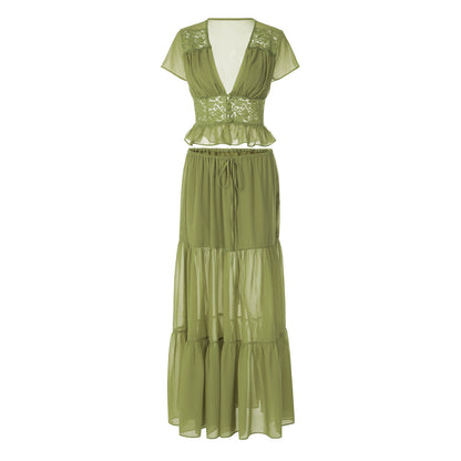 Short sleeve v neck ruched lace chiffon maxi skirt set  | Festival Outfits Women