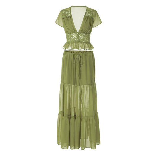 Short sleeve v neck ruched lace chiffon maxi skirt set  | Festival Outfits Women