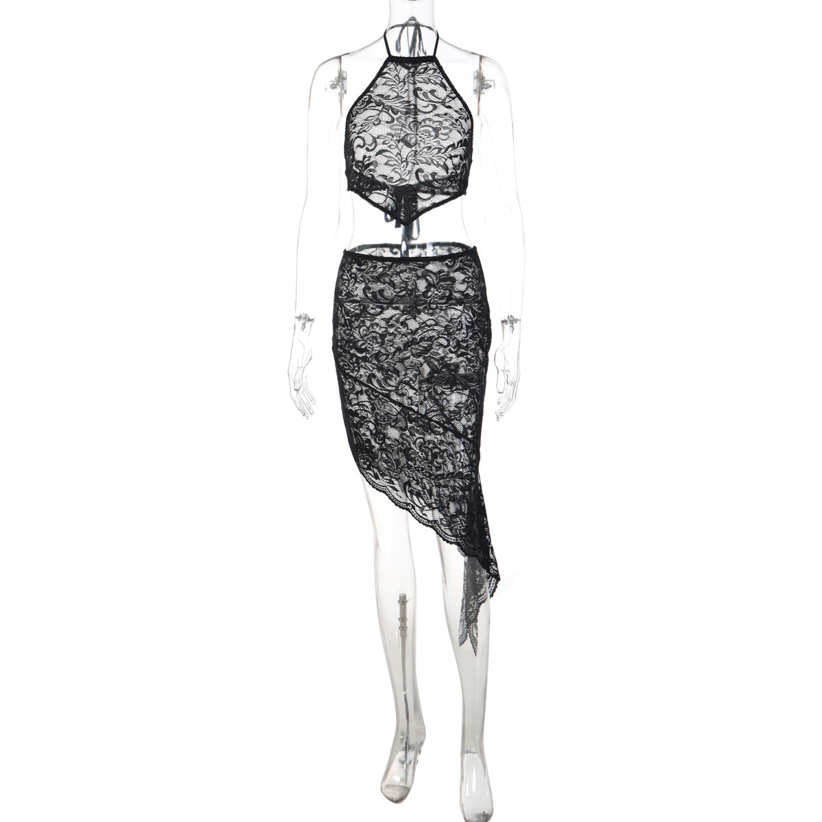 Lace see through self tie halter irregular midi skirt set  | Festival Outfits Women