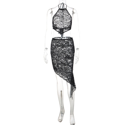 Lace see through self tie halter irregular midi skirt set  | Festival Outfits Women