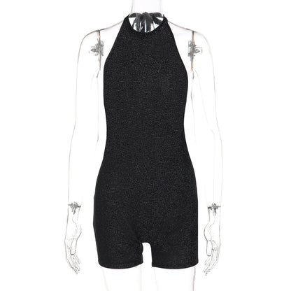 Halter self tie backless crewneck solid romper  | Festival Outfits Women