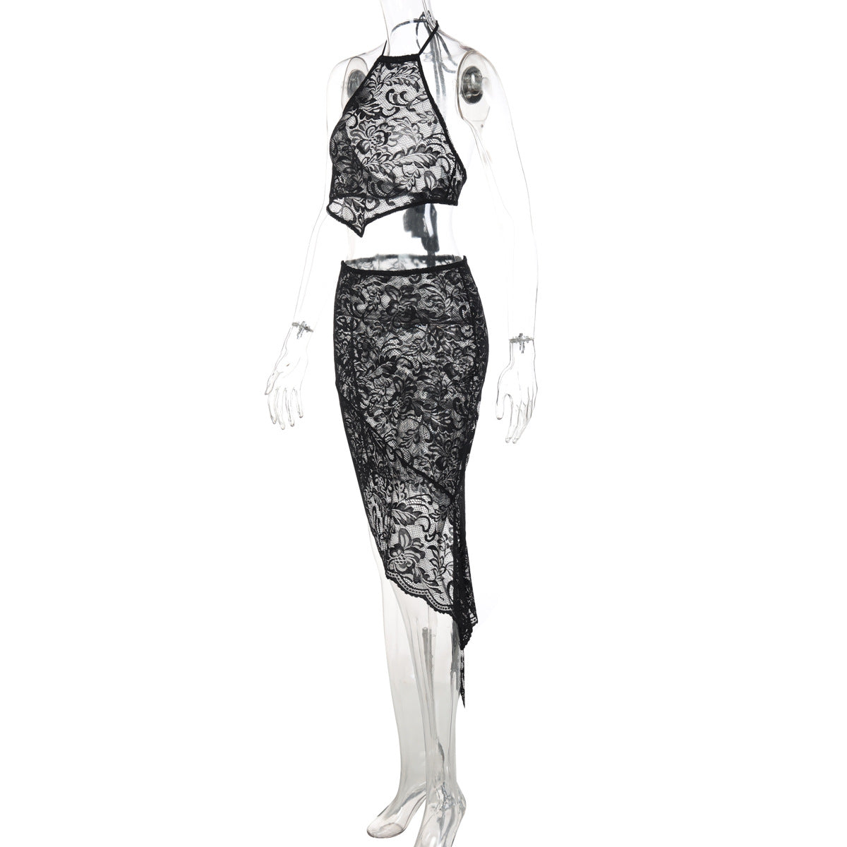 Lace see through self tie halter irregular midi skirt set  | Festival Outfits Women