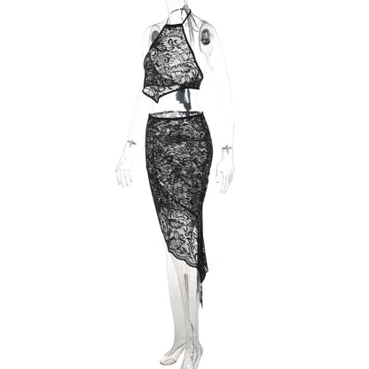 Lace see through self tie halter irregular midi skirt set  | Festival Outfits Women