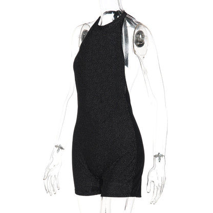 Halter self tie backless crewneck solid romper  | Festival Outfits Women