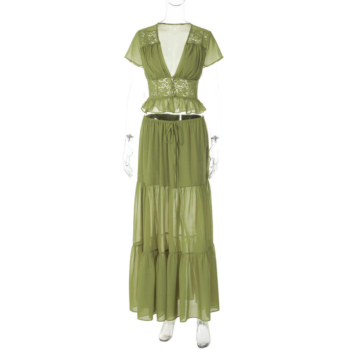 Short sleeve v neck ruched lace chiffon maxi skirt set  | Festival Outfits Women