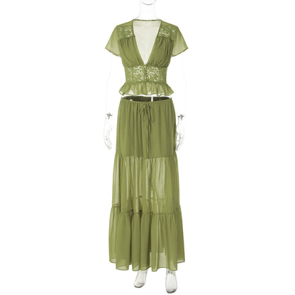 Short sleeve v neck ruched lace chiffon maxi skirt set  | Festival Outfits Women