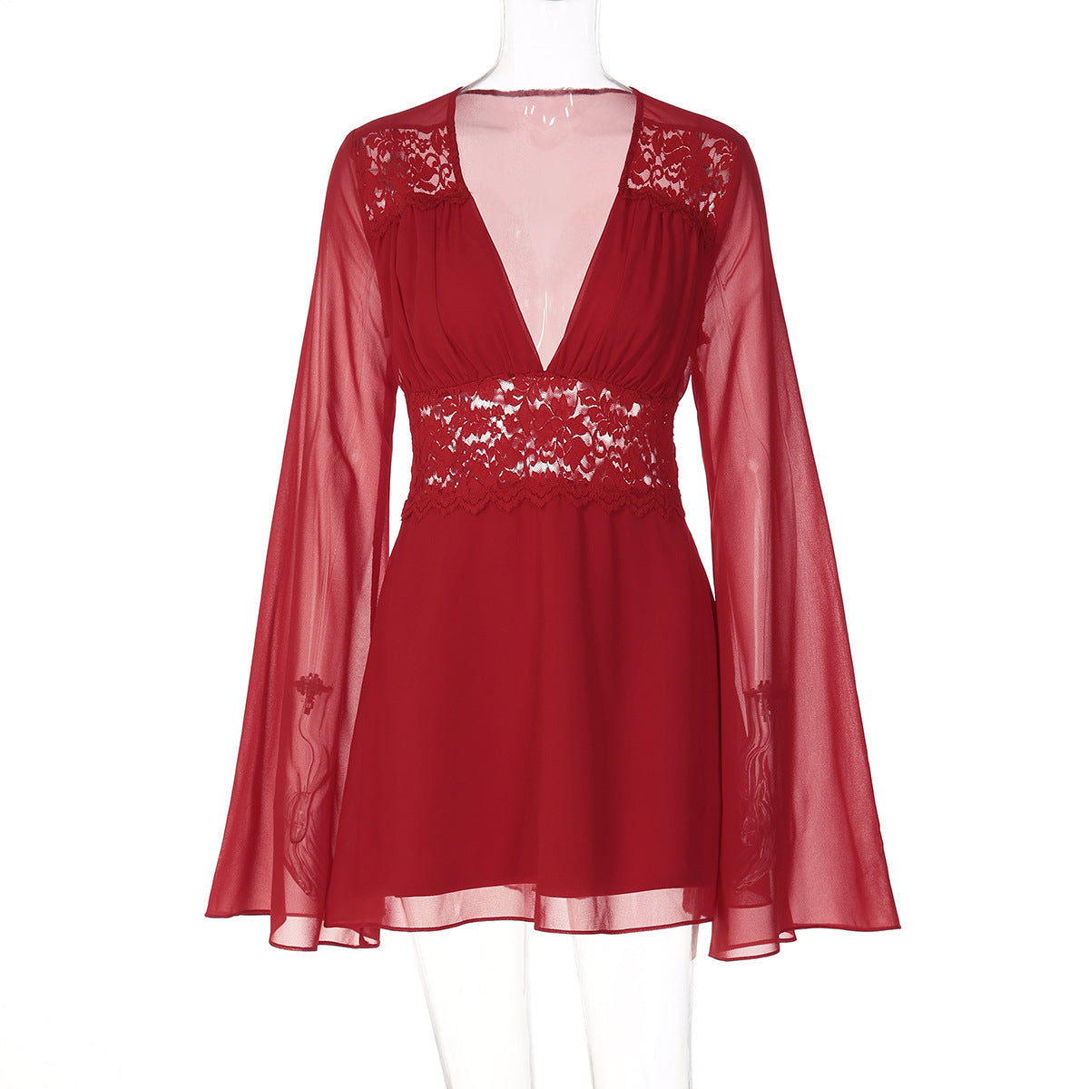 Long flared sleeve v neck chiffon zip-up mini dress  | Festival Outfits Women