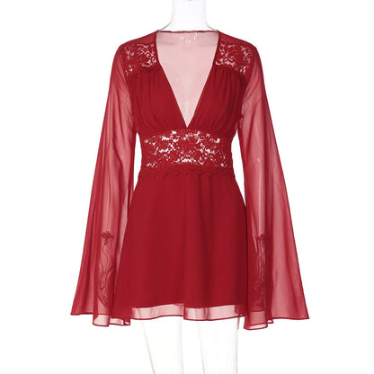 Long flared sleeve v neck chiffon zip-up mini dress  | Festival Outfits Women